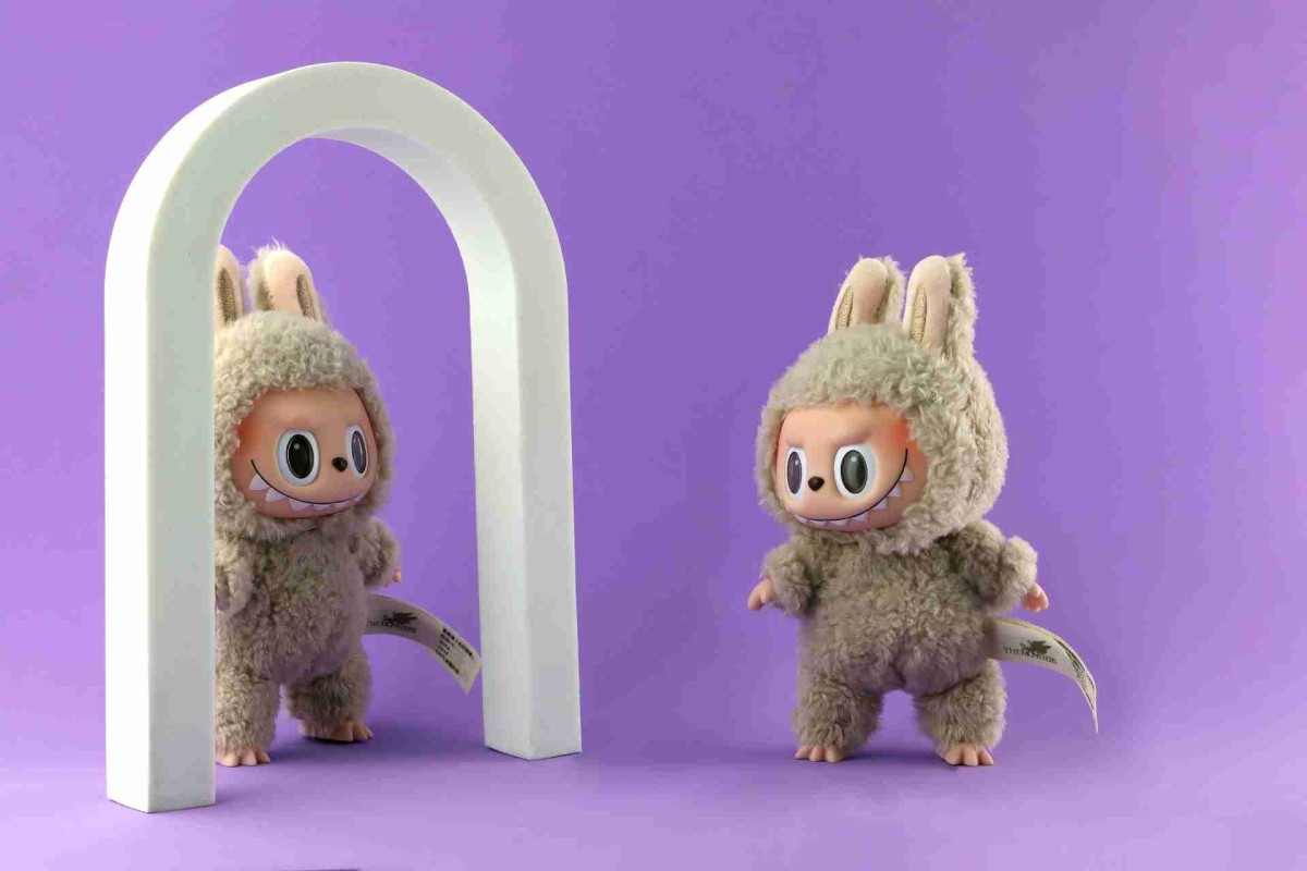 Labubu doll looking into a mirror