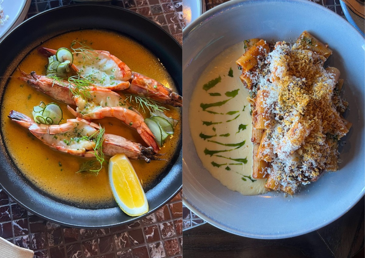 Plates of shrimp in sauce and pasta topped with cheese and crumbs