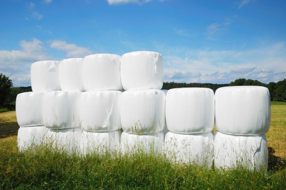 Stacked white silage bale wrap in a rural field