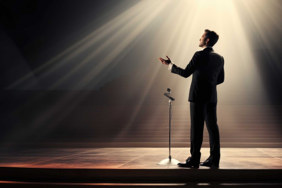 Man speaking on a stage under a spotlight