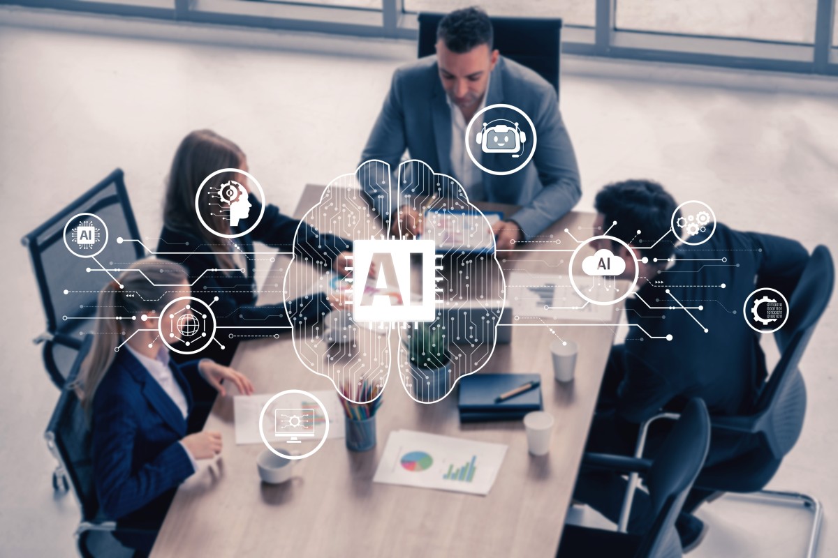 Business team meeting around a table with digital AI graphics overlay representing artificial intelligence and data connections