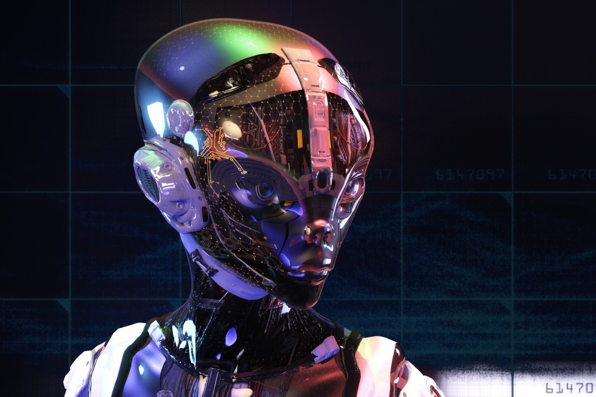 Futuristic humanoid robot with a transparent, illuminated head showing circuits and glowing details against a dark digital background