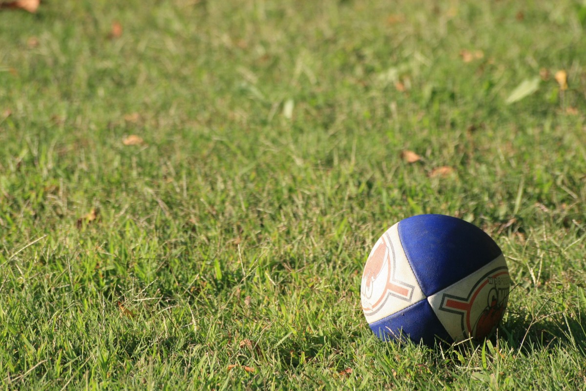 A rugby ball resting on grass in a field