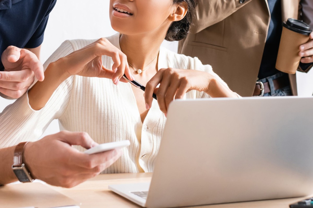 Co-workers discussing work 