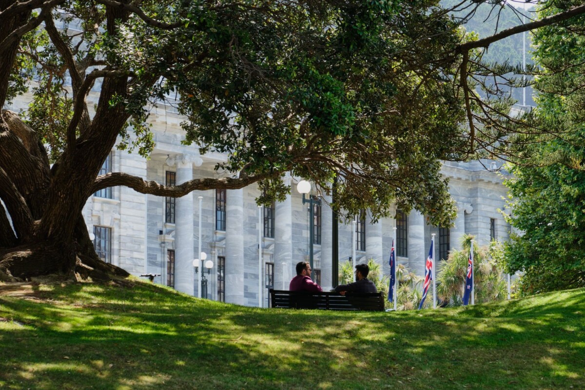 Two people sitting on a park bench beneath a large tree outside New Zealand's Parliament buildings, with New Zealand flags displayed nearby.